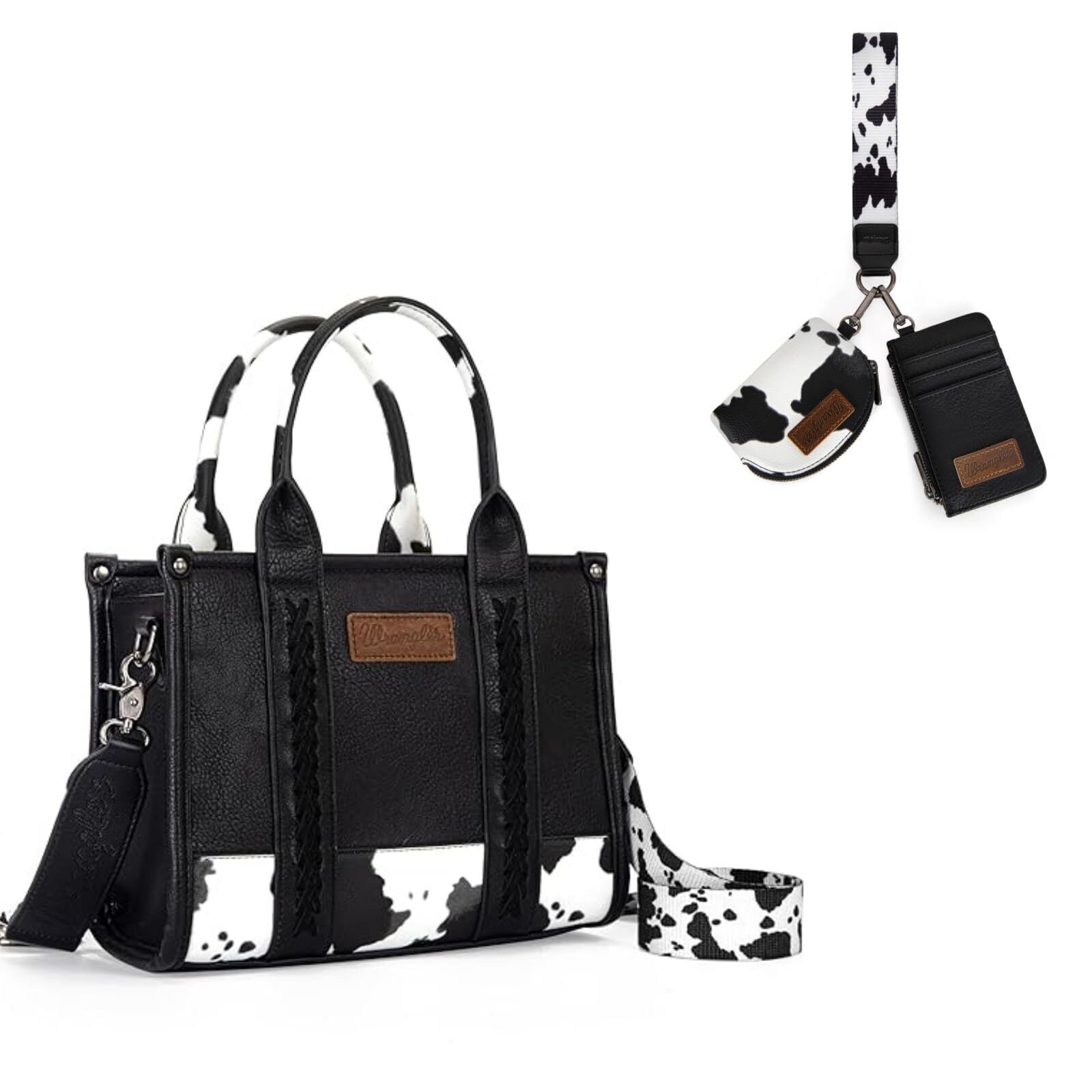 8964 Wrangler Cow Print Tote Bag And Western Dual Pouch Wristlet